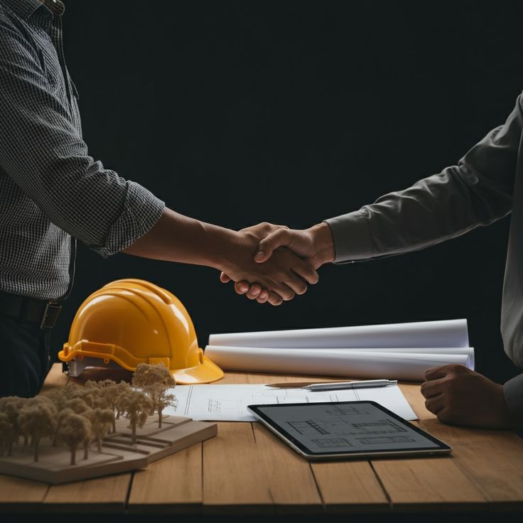 Architectural blueprint, hard hat and measuring tape on a table